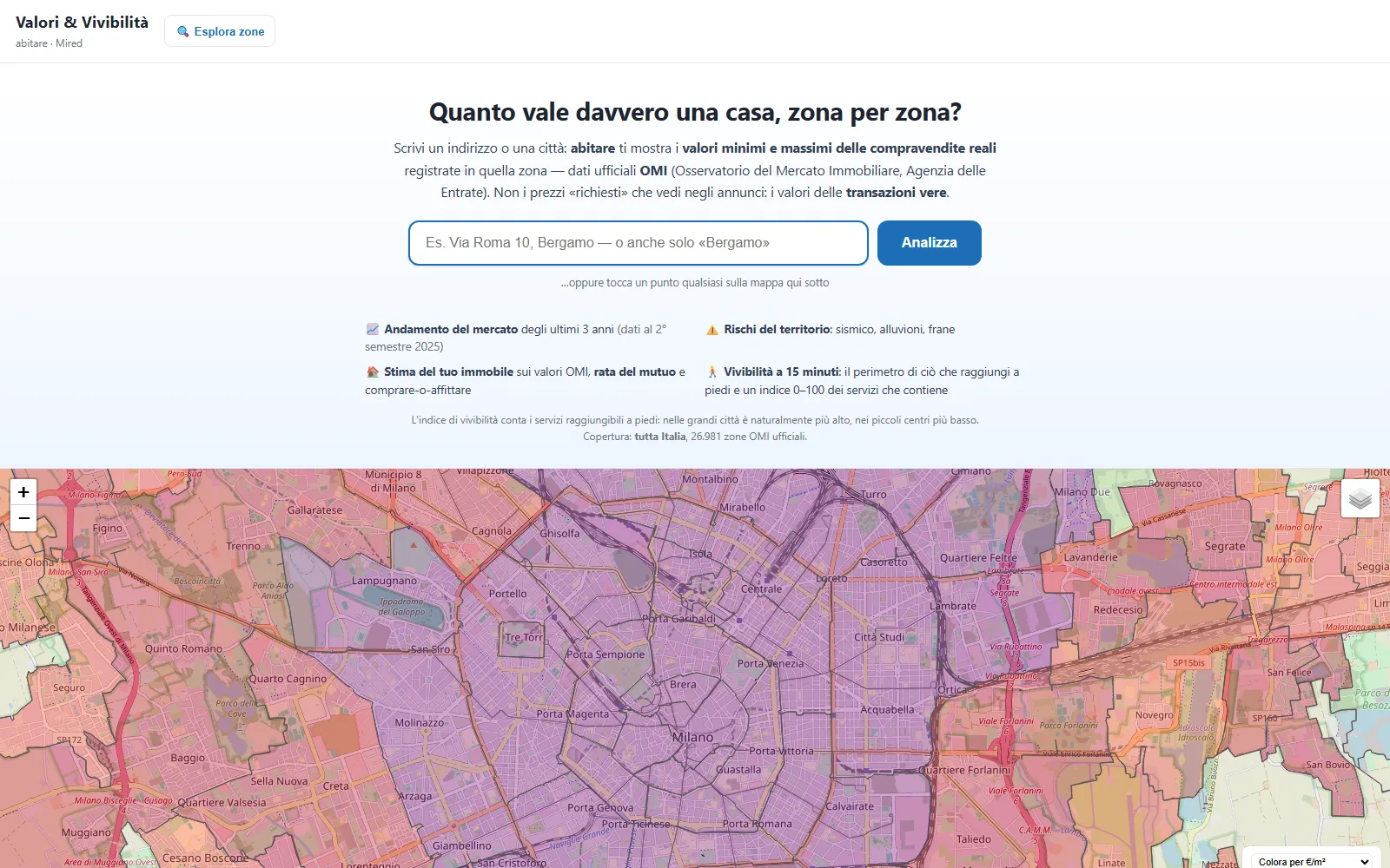 Lo strumento Abitare: mappa dei valori immobiliari di Milano colorata per euro al metro quadro, con ricerca per indirizzo