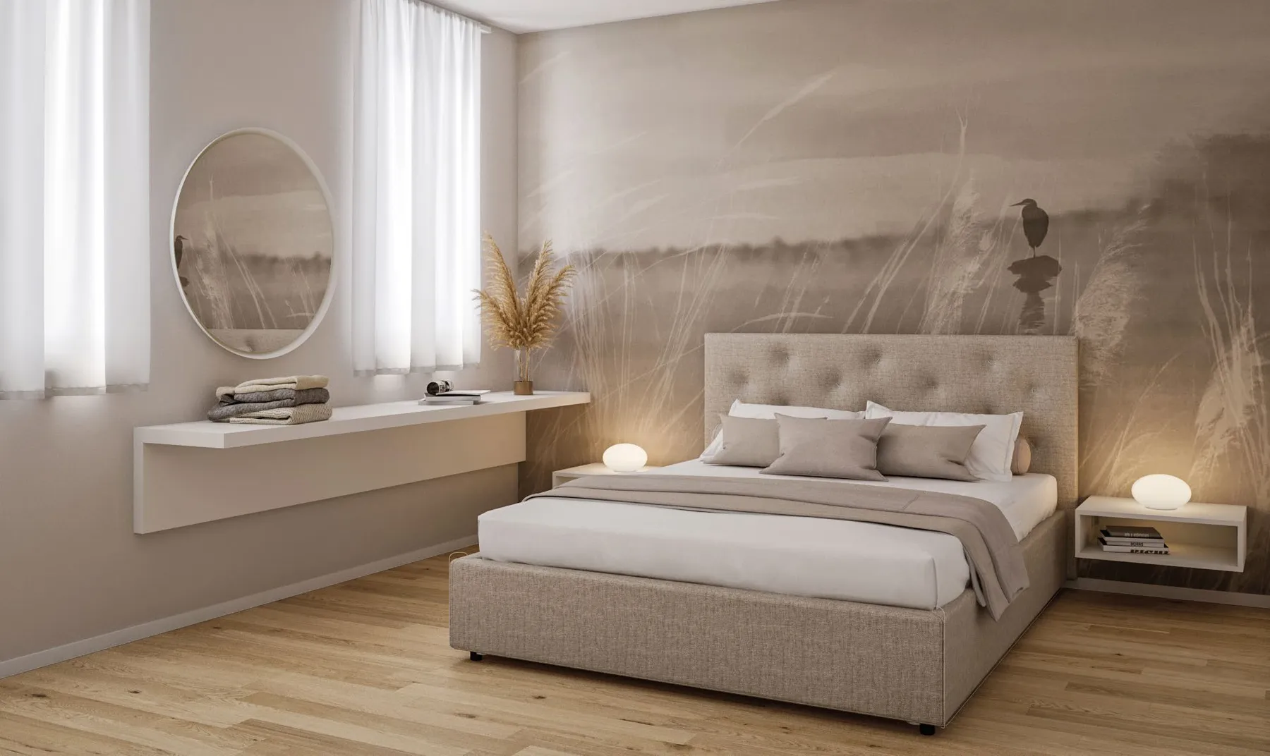 Render di progetto: camera da letto matrimoniale con testiera imbottita
