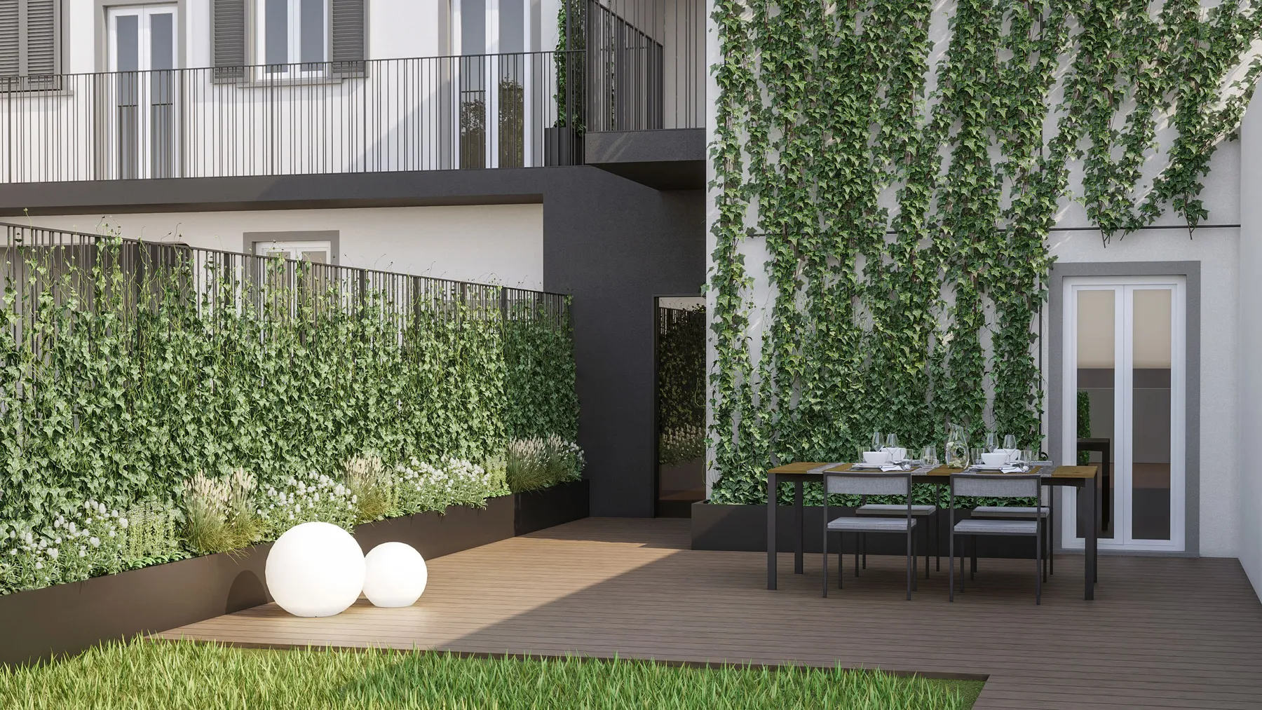 Render di progetto: cortile con deck in legno, verde verticale e tavolo apparecchiato