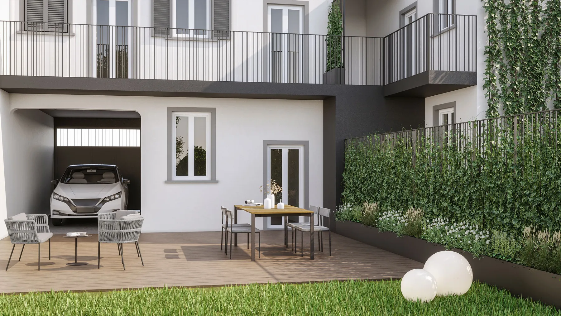 Render di progetto: il patio di un'unità di Manzoni 21, con zona pranzo all'aperto, verde verticale e box auto