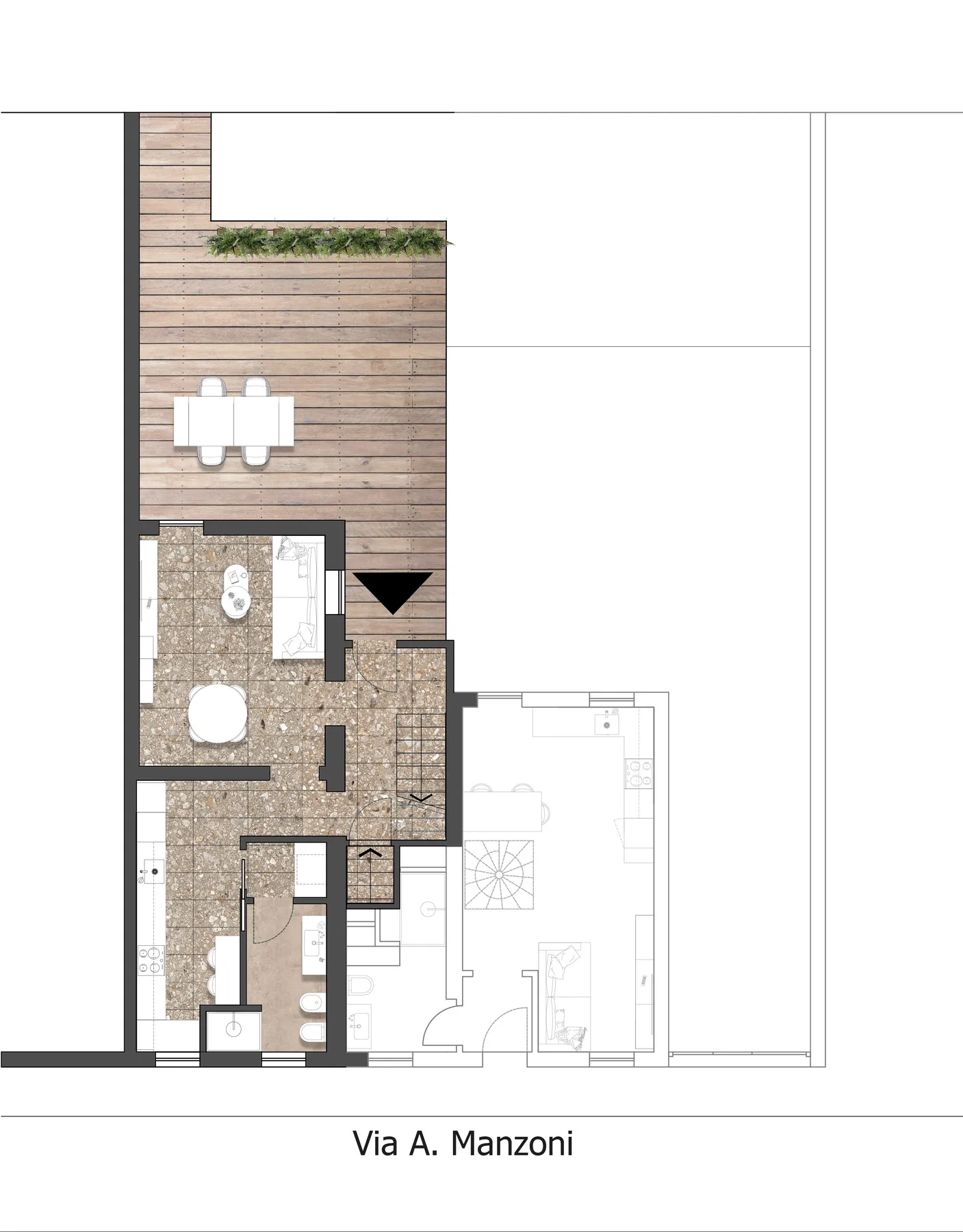 Planimetria del piano terra di una delle due unità, con patio in legno e zona giorno
