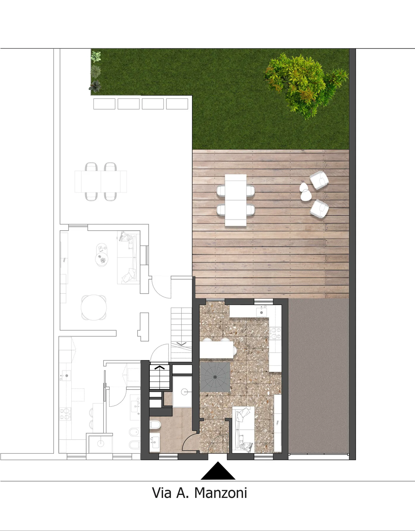 Planimetria del piano terra dell'altra unità, con giardino, deck e posto auto coperto