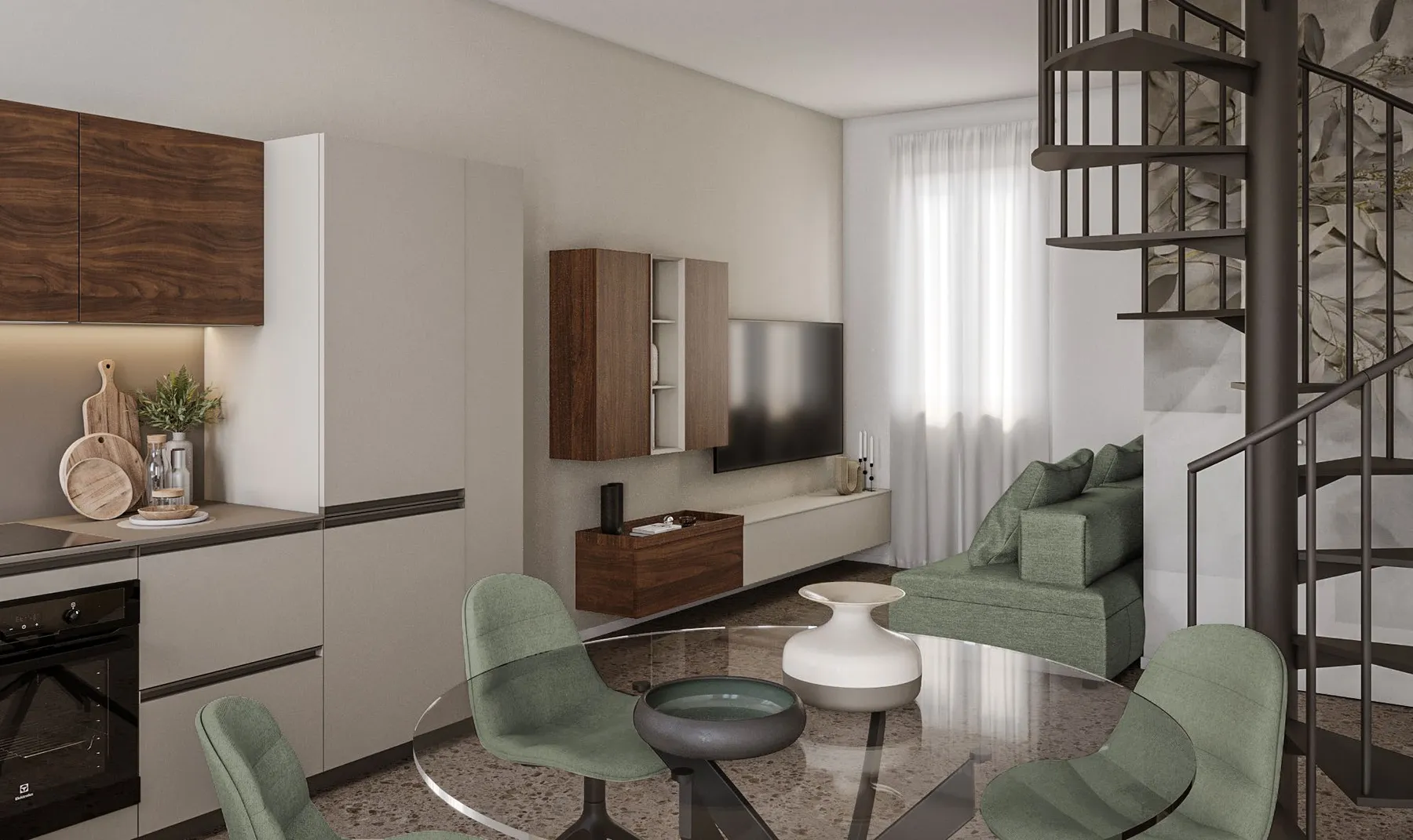 Render di progetto: zona pranzo con scala a chiocciola e cucina a vista