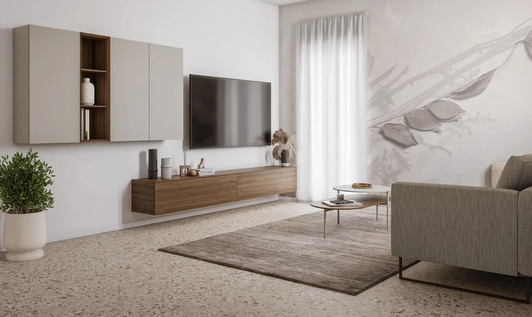 Render di progetto: soggiorno con divano, parete attrezzata e luce naturale