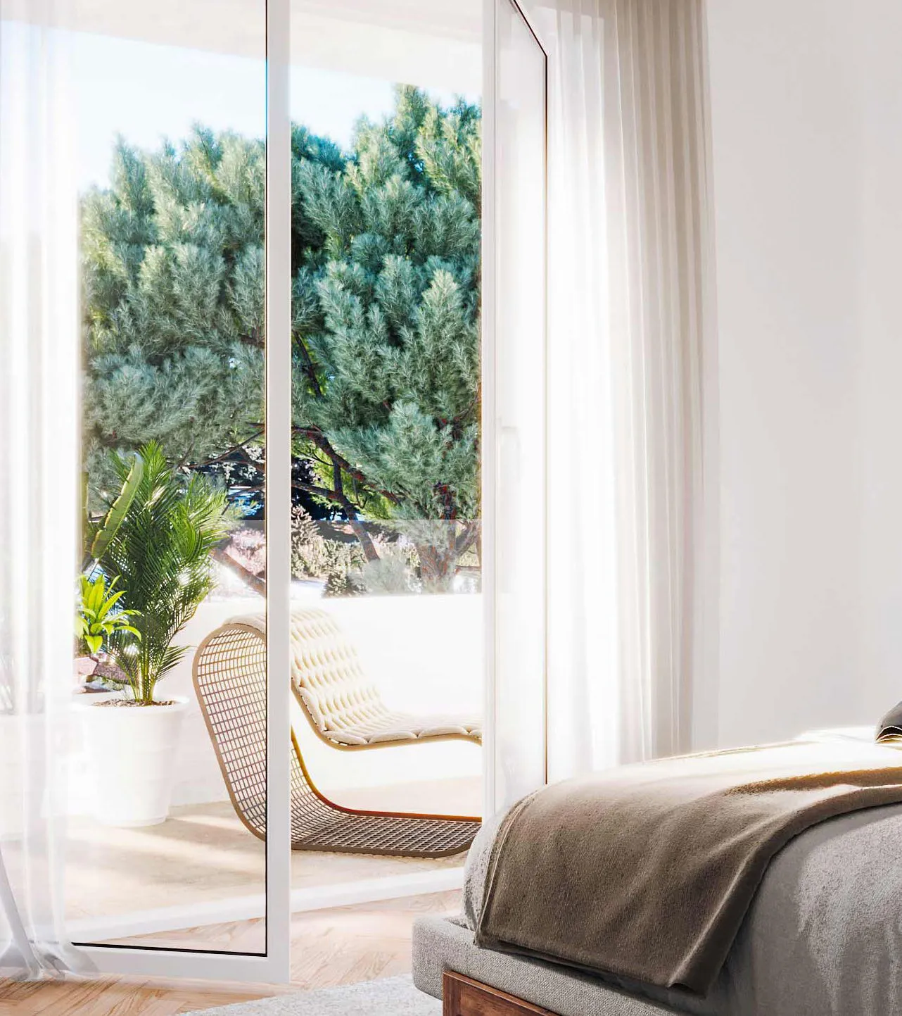 Render di progetto: camera con portafinestra sul terrazzo e chaise longue all'aperto